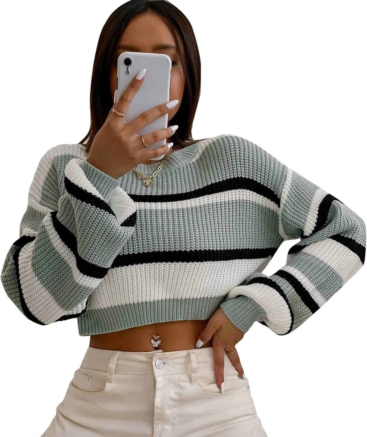 ZAFUL Women's Color Block Striped Sweater Crew Neck Lantern Sleeve Cropped Sweaters Casual Loose Knitted Tops
