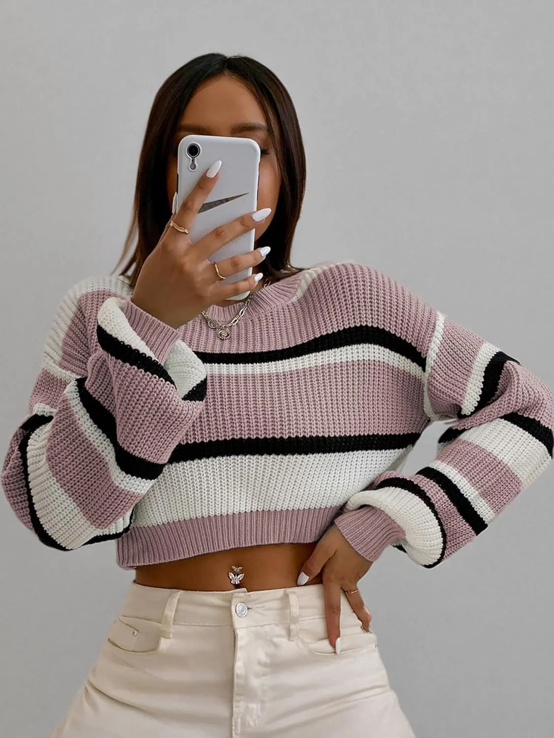 ZAFUL Women's Color Block Striped Sweater Crew Neck Lantern Sleeve Cropped Sweaters Casual Loose Knitted Tops