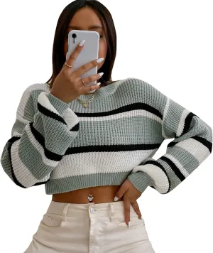 ZAFUL Women's Color Block Striped Sweater Crew Neck Lantern Sleeve Cropped Sweaters Casual Loose Knitted Tops