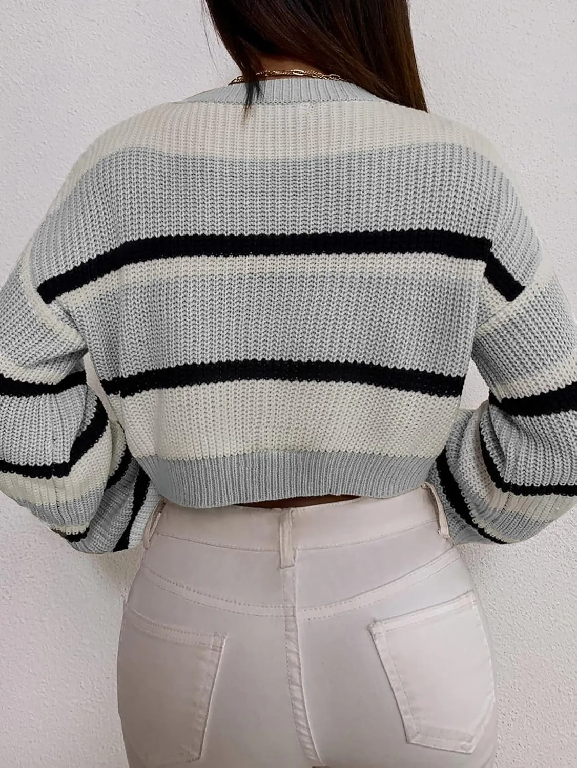 ZAFUL Women's Color Block Striped Sweater Crew Neck Lantern Sleeve Cropped Sweaters Casual Loose Knitted Tops