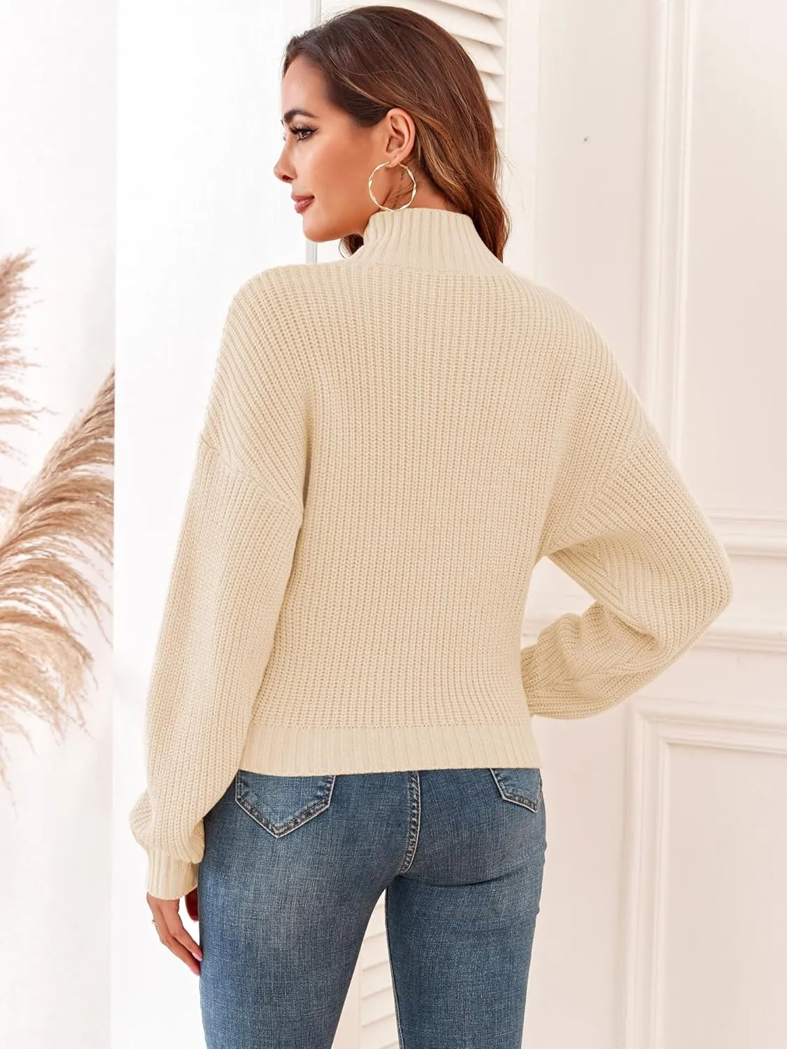 ZAFUL Women's Cropped Turtleneck Sweater Lantern Sleeve Ribbed Knit Pullover Sweater Jumper