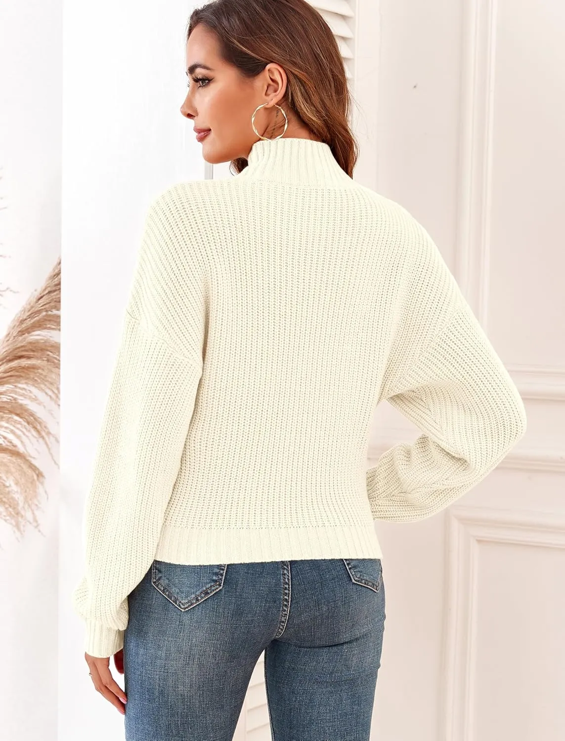ZAFUL Women's Cropped Turtleneck Sweater Lantern Sleeve Ribbed Knit Pullover Sweater Jumper