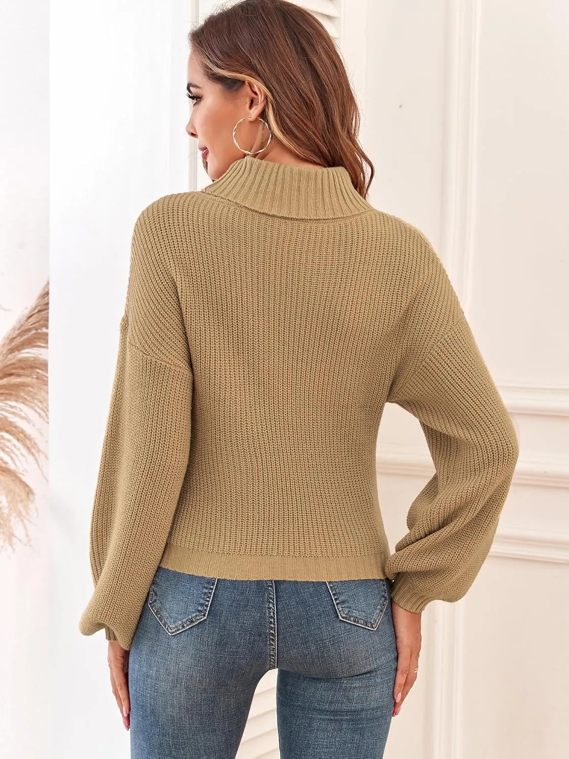 ZAFUL Women's Cropped Turtleneck Sweater Lantern Sleeve Ribbed Knit Pullover Sweater Jumper
