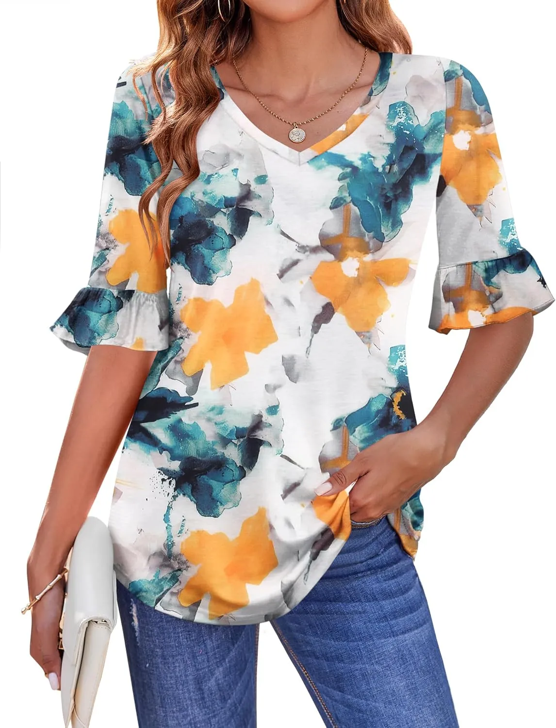Zeagoo Womens Tops Casual V Neck Shirts Floral Solid Blouse Ruffle Tunics 3/4 Sleeve Tshirt S-XXL