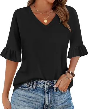 Zeagoo Womens Tops Casual V Neck Shirts Floral Solid Blouse Ruffle Tunics 3/4 Sleeve Tshirt S-XXL