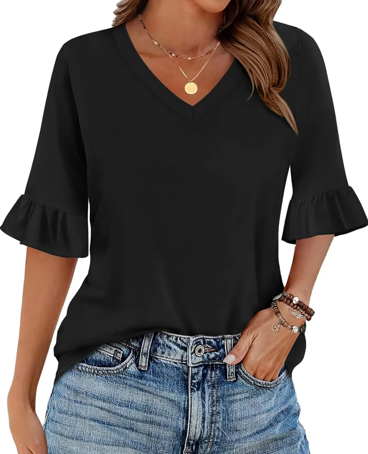 Zeagoo Womens Tops Casual V Neck Shirts Floral Solid Blouse Ruffle Tunics 3/4 Sleeve Tshirt S-XXL