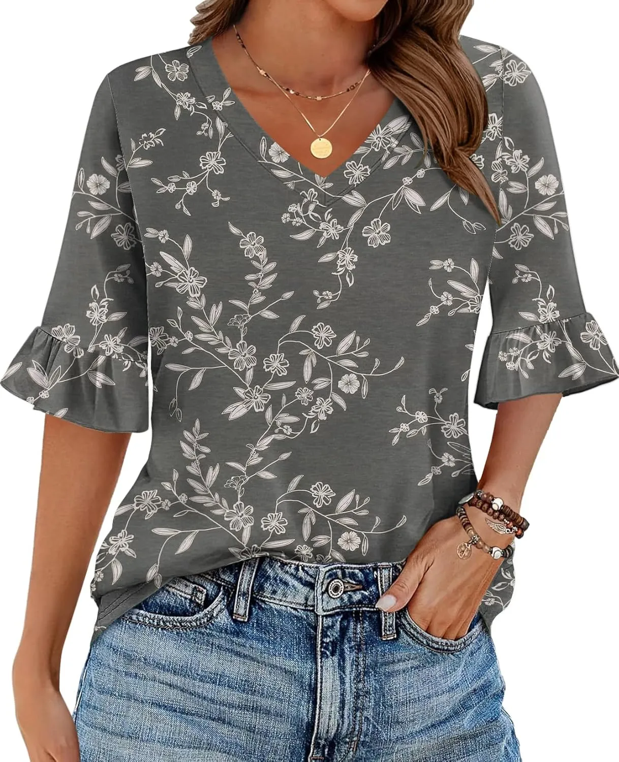 Zeagoo Womens Tops Casual V Neck Shirts Floral Solid Blouse Ruffle Tunics 3/4 Sleeve Tshirt S-XXL