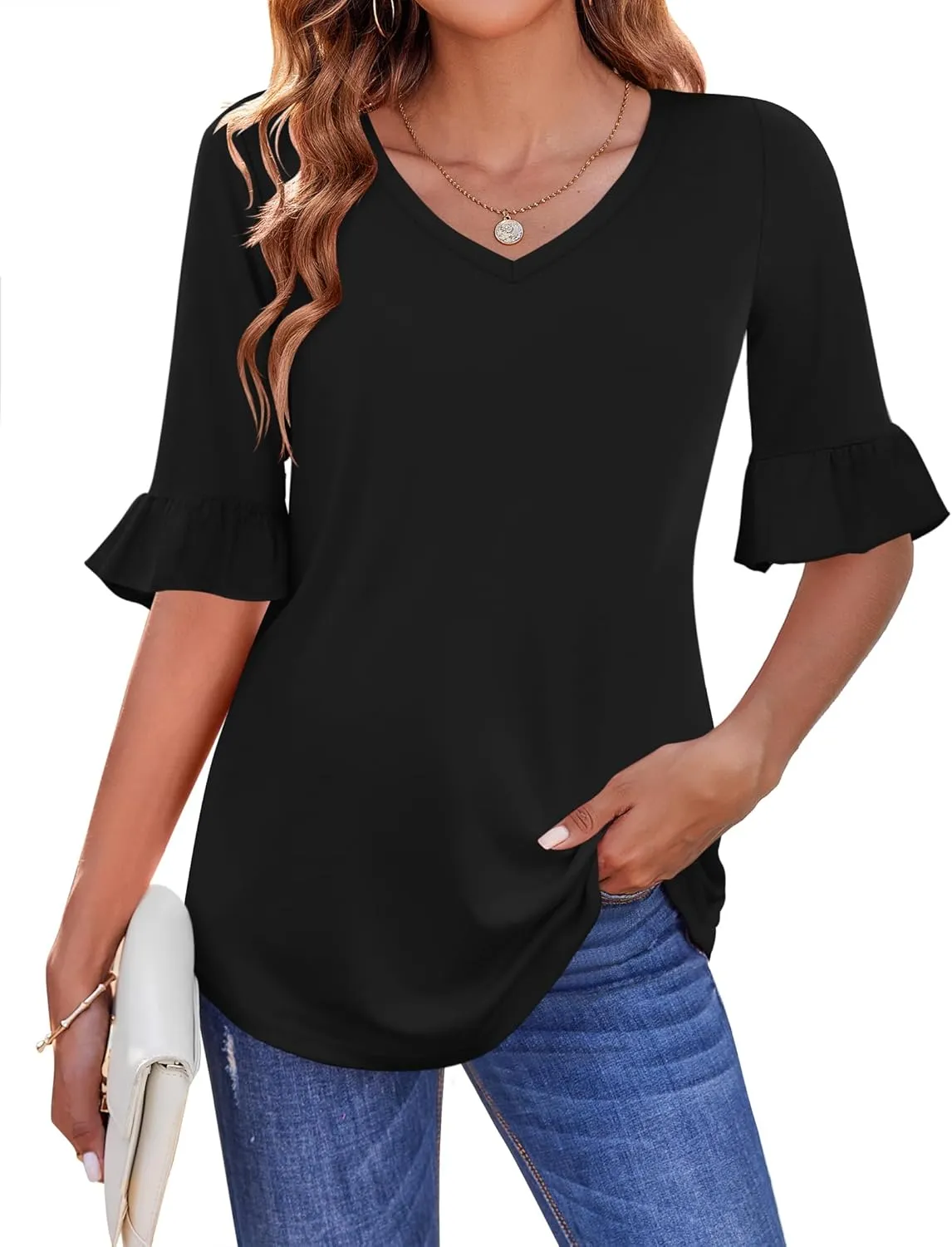 Zeagoo Womens Tops Casual V Neck Shirts Floral Solid Blouse Ruffle Tunics 3/4 Sleeve Tshirt S-XXL