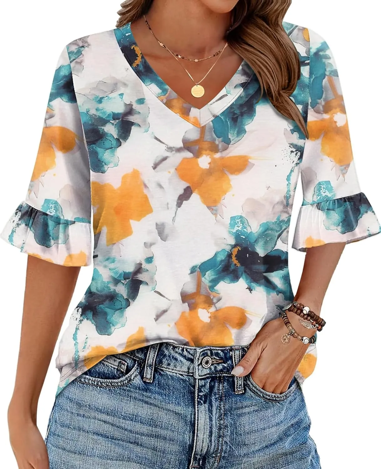 Zeagoo Womens Tops Casual V Neck Shirts Floral Solid Blouse Ruffle Tunics 3/4 Sleeve Tshirt S-XXL