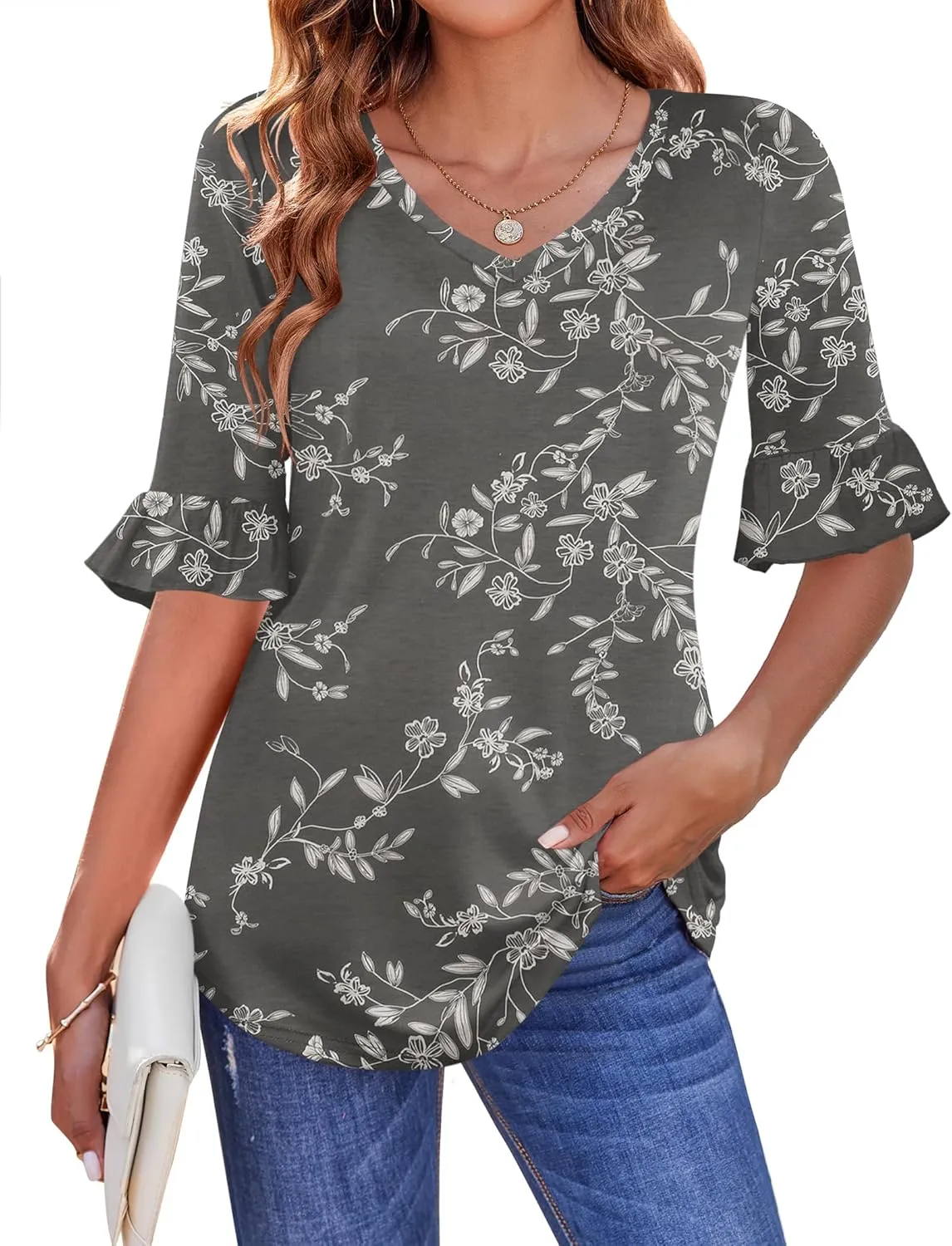 Zeagoo Womens Tops Casual V Neck Shirts Floral Solid Blouse Ruffle Tunics 3/4 Sleeve Tshirt S-XXL