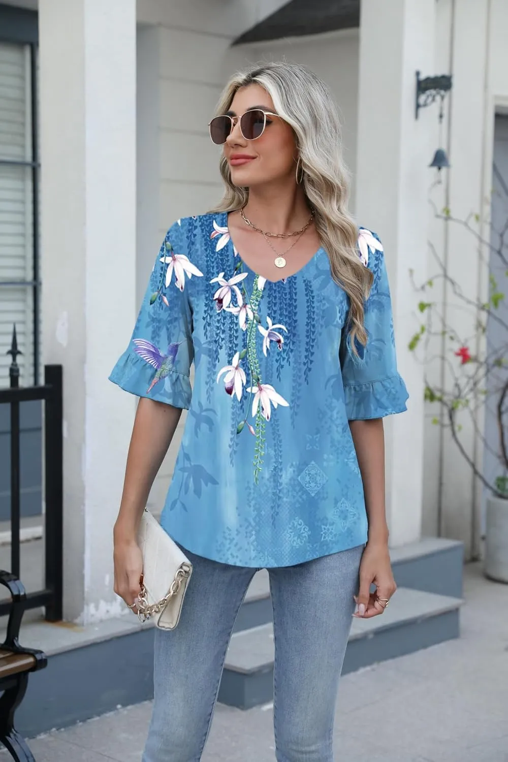 Zeagoo Womens Tops Casual V Neck Shirts Floral Solid Blouse Ruffle Tunics 3/4 Sleeve Tshirt S-XXL