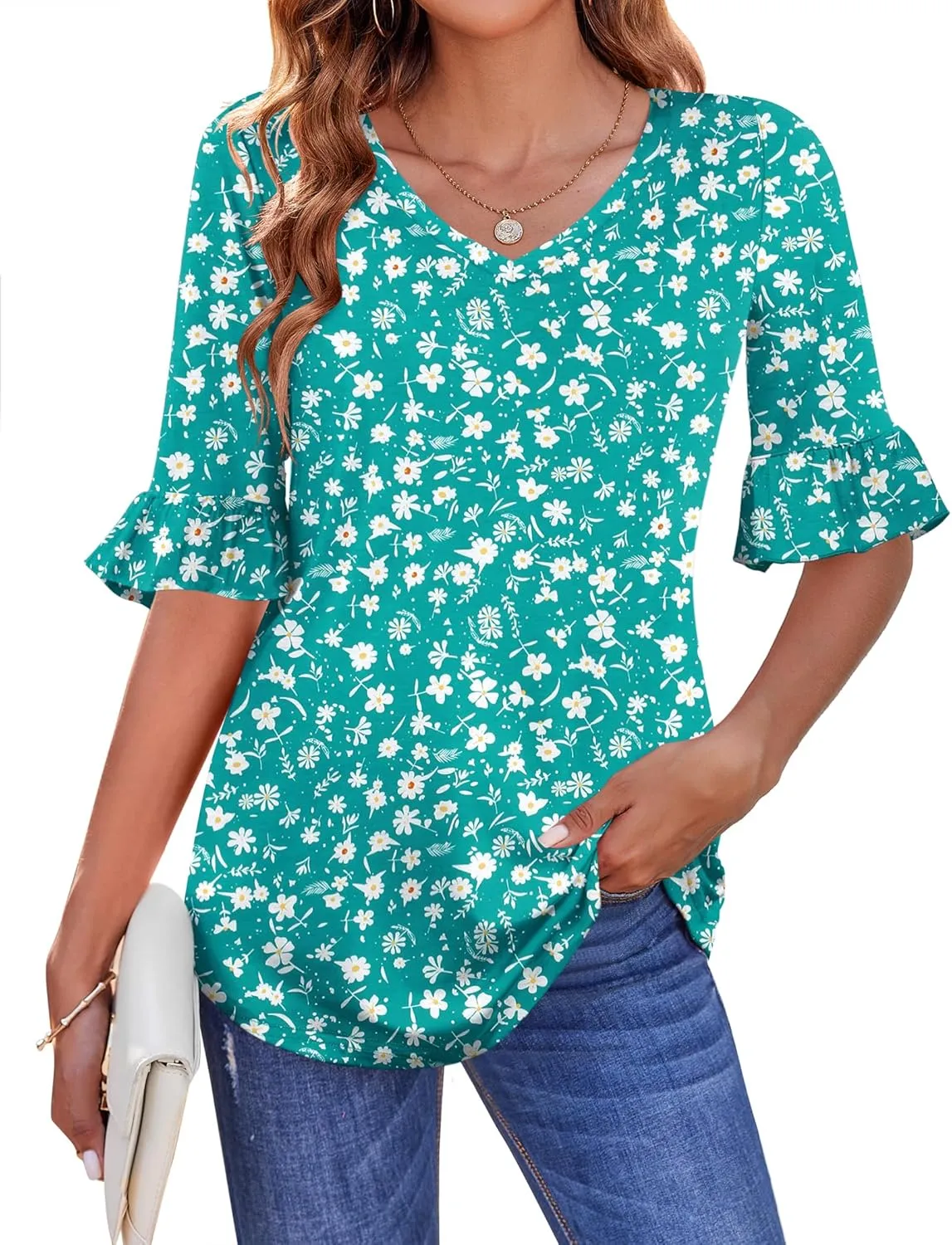 Zeagoo Womens Tops Casual V Neck Shirts Floral Solid Blouse Ruffle Tunics 3/4 Sleeve Tshirt S-XXL