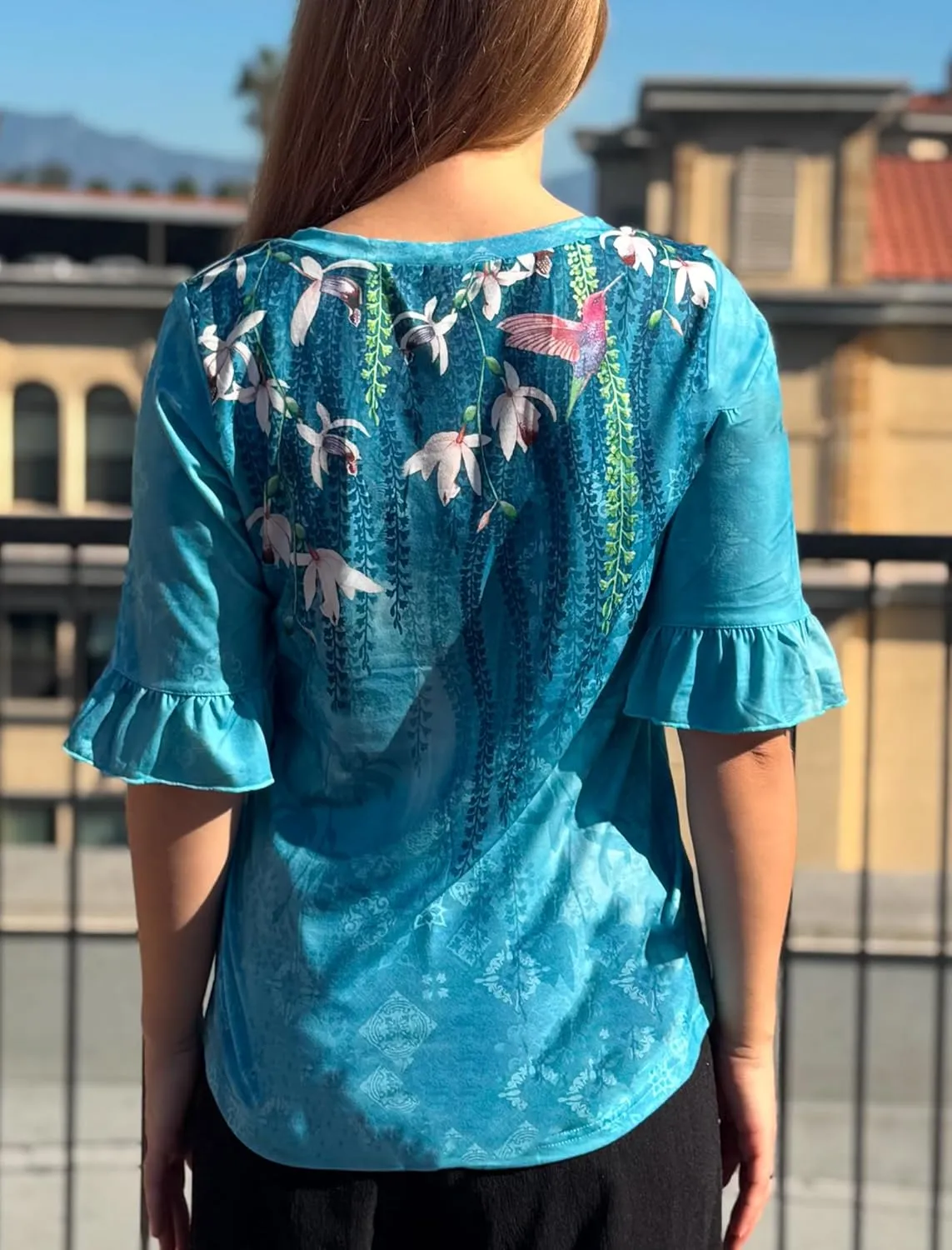 Zeagoo Womens Tops Casual V Neck Shirts Floral Solid Blouse Ruffle Tunics 3/4 Sleeve Tshirt S-XXL
