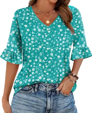 Zeagoo Womens Tops Casual V Neck Shirts Floral Solid Blouse Ruffle Tunics 3/4 Sleeve Tshirt S-XXL