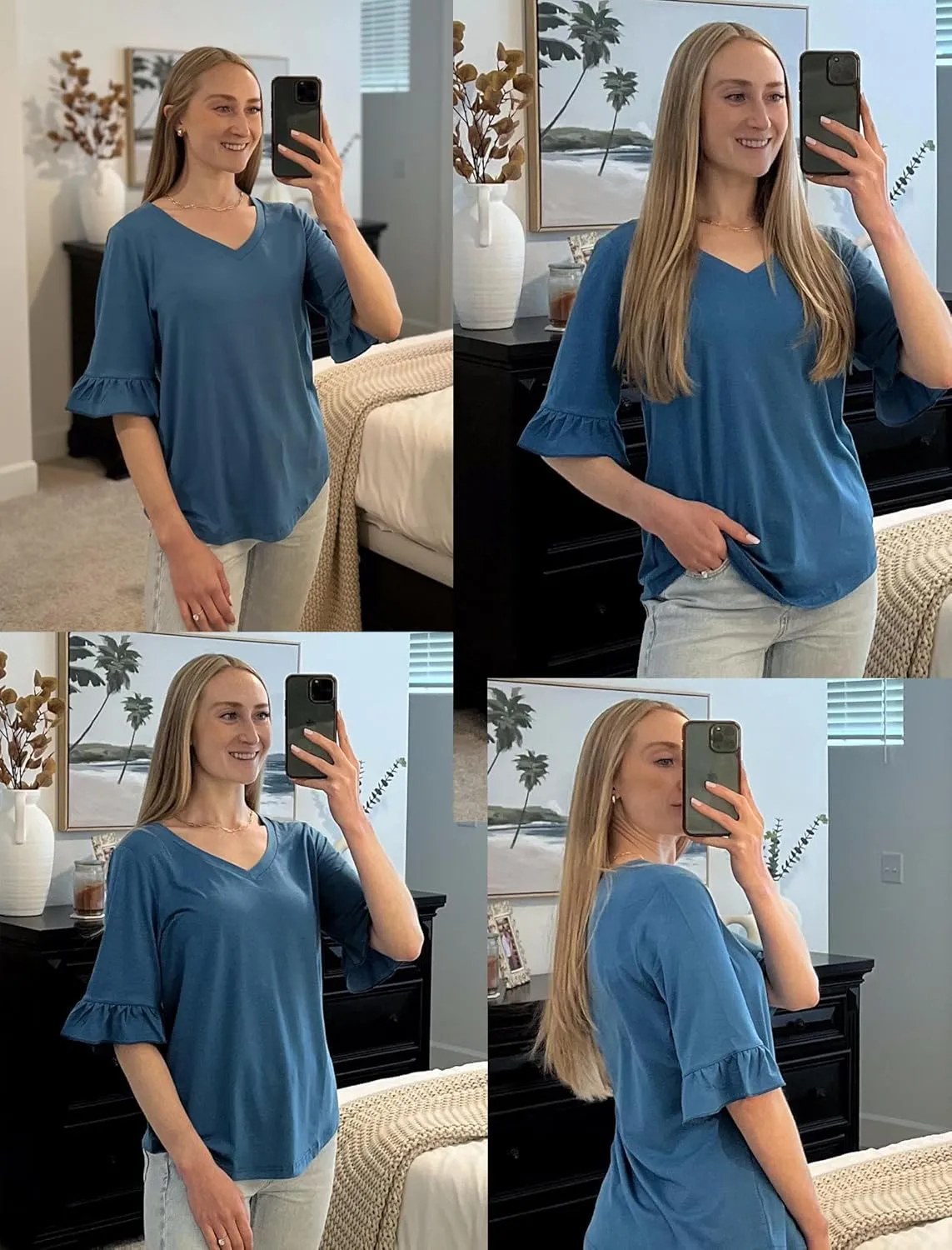 Zeagoo Womens Tops Casual V Neck Shirts Floral Solid Blouse Ruffle Tunics 3/4 Sleeve Tshirt S-XXL