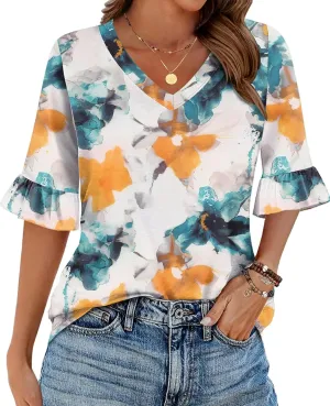 Zeagoo Womens Tops Casual V Neck Shirts Floral Solid Blouse Ruffle Tunics 3/4 Sleeve Tshirt S-XXL