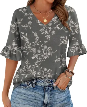 Zeagoo Womens Tops Casual V Neck Shirts Floral Solid Blouse Ruffle Tunics 3/4 Sleeve Tshirt S-XXL