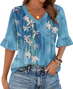 Zeagoo Womens Tops Casual V Neck Shirts Floral Solid Blouse Ruffle Tunics 3/4 Sleeve Tshirt S-XXL