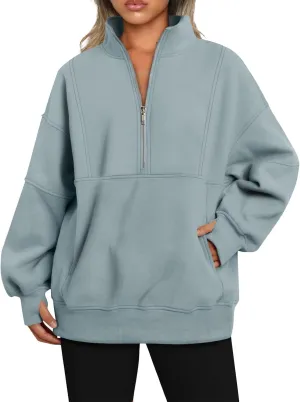 Zip Up Hoodie Women Oversized Drop Shoulder Fleece Sweatshirt with Pockets Thumb Hole Loose Comfy Fall Sweater 2024