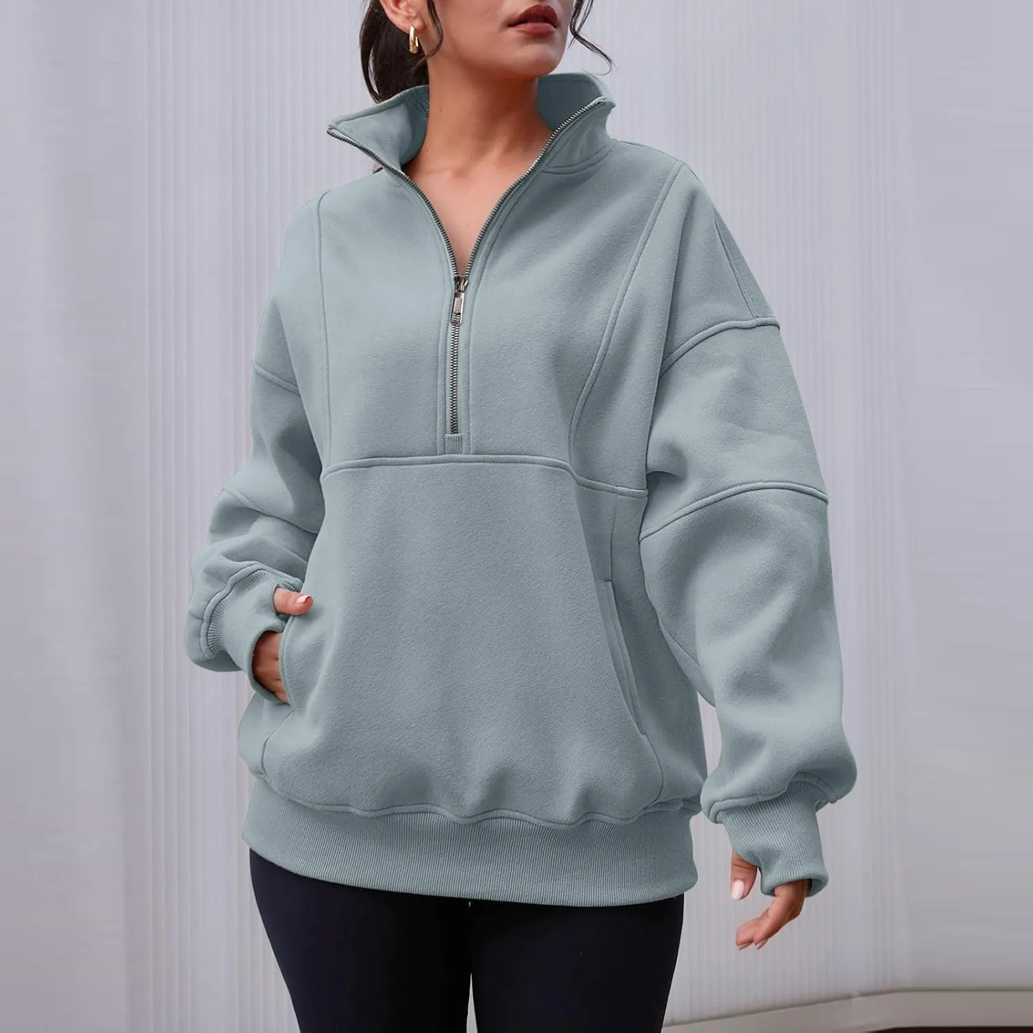 Zip Up Hoodie Women Oversized Drop Shoulder Fleece Sweatshirt with Pockets Thumb Hole Loose Comfy Fall Sweater 2024