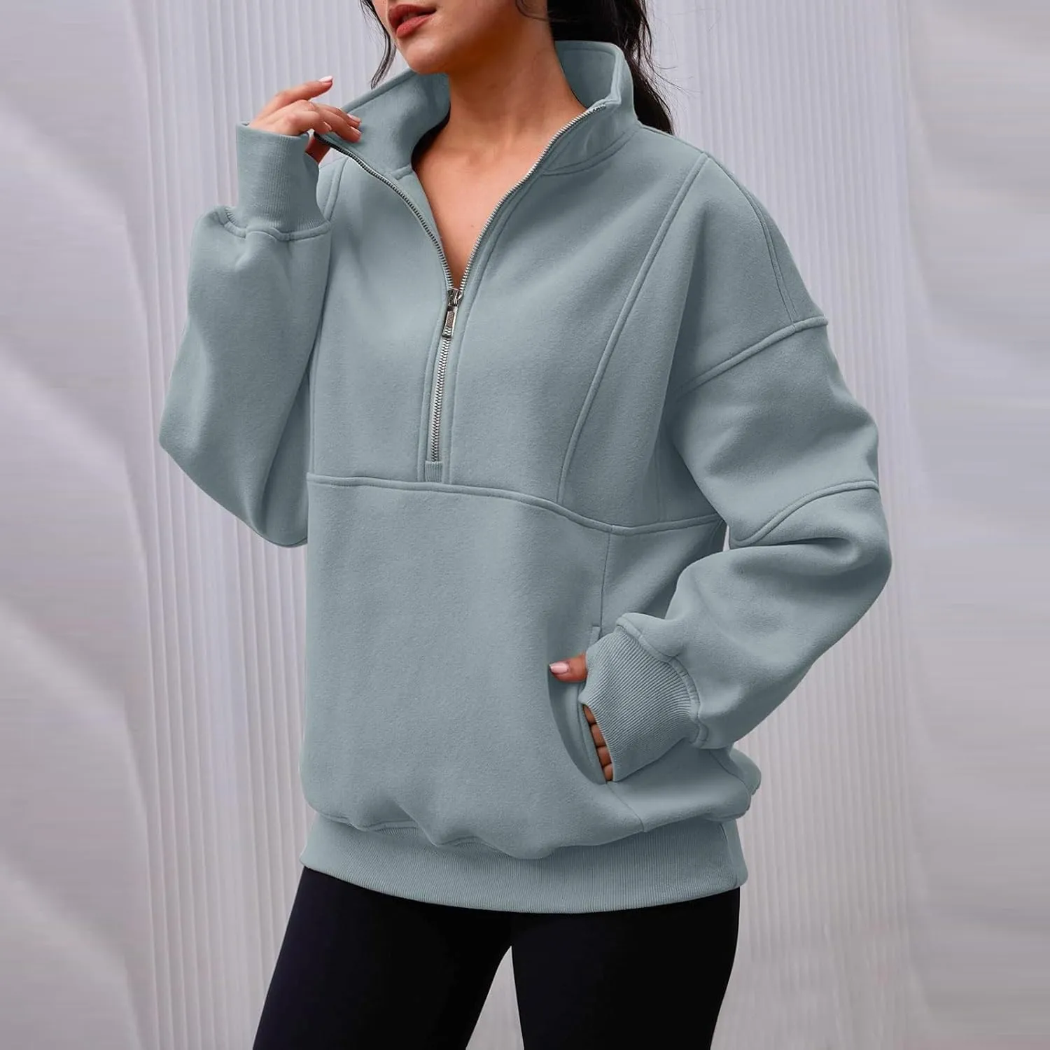 Zip Up Hoodie Women Oversized Drop Shoulder Fleece Sweatshirt with Pockets Thumb Hole Loose Comfy Fall Sweater 2024