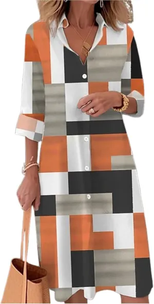 ZOCANIA Plaid Shirt Dress Women Long Sleeve Button Down Midi Dress Color Block A-Line Dress Casual Beach Vacation Shift Dress