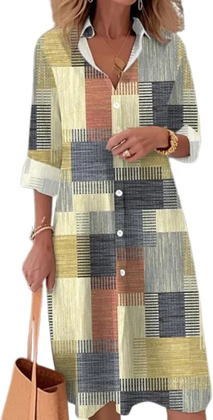 ZOCANIA Plaid Shirt Dress Women Long Sleeve Button Down Midi Dress Color Block A-Line Dress Casual Beach Vacation Shift Dress