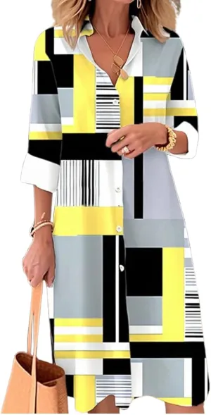 ZOCANIA Plaid Shirt Dress Women Long Sleeve Button Down Midi Dress Color Block A-Line Dress Casual Beach Vacation Shift Dress