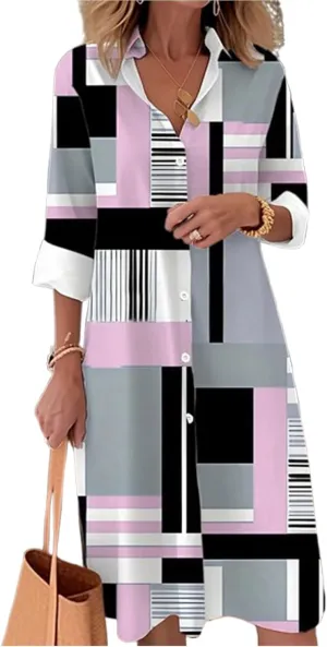 ZOCANIA Plaid Shirt Dress Women Long Sleeve Button Down Midi Dress Color Block A-Line Dress Casual Beach Vacation Shift Dress