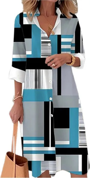 ZOCANIA Plaid Shirt Dress Women Long Sleeve Button Down Midi Dress Color Block A-Line Dress Casual Beach Vacation Shift Dress