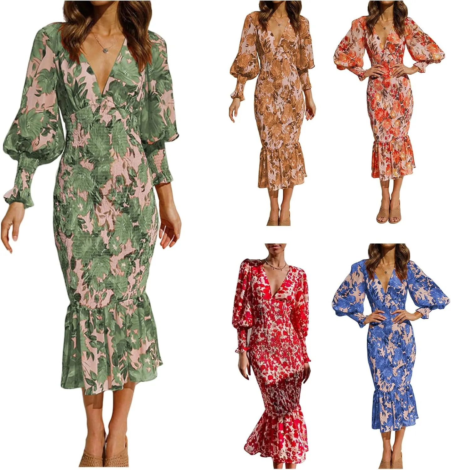 ZWRXW Womens Bodycon Dresses Floral Print Deep V Neck Sexy Wrap Puff Long Sleeve Ruffle Hem Fall Elegant Maxi Dress