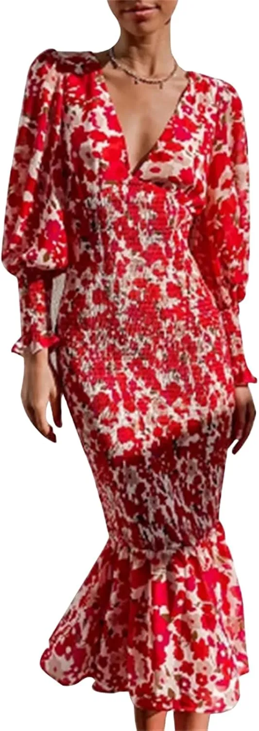 ZWRXW Womens Bodycon Dresses Floral Print Deep V Neck Sexy Wrap Puff Long Sleeve Ruffle Hem Fall Elegant Maxi Dress