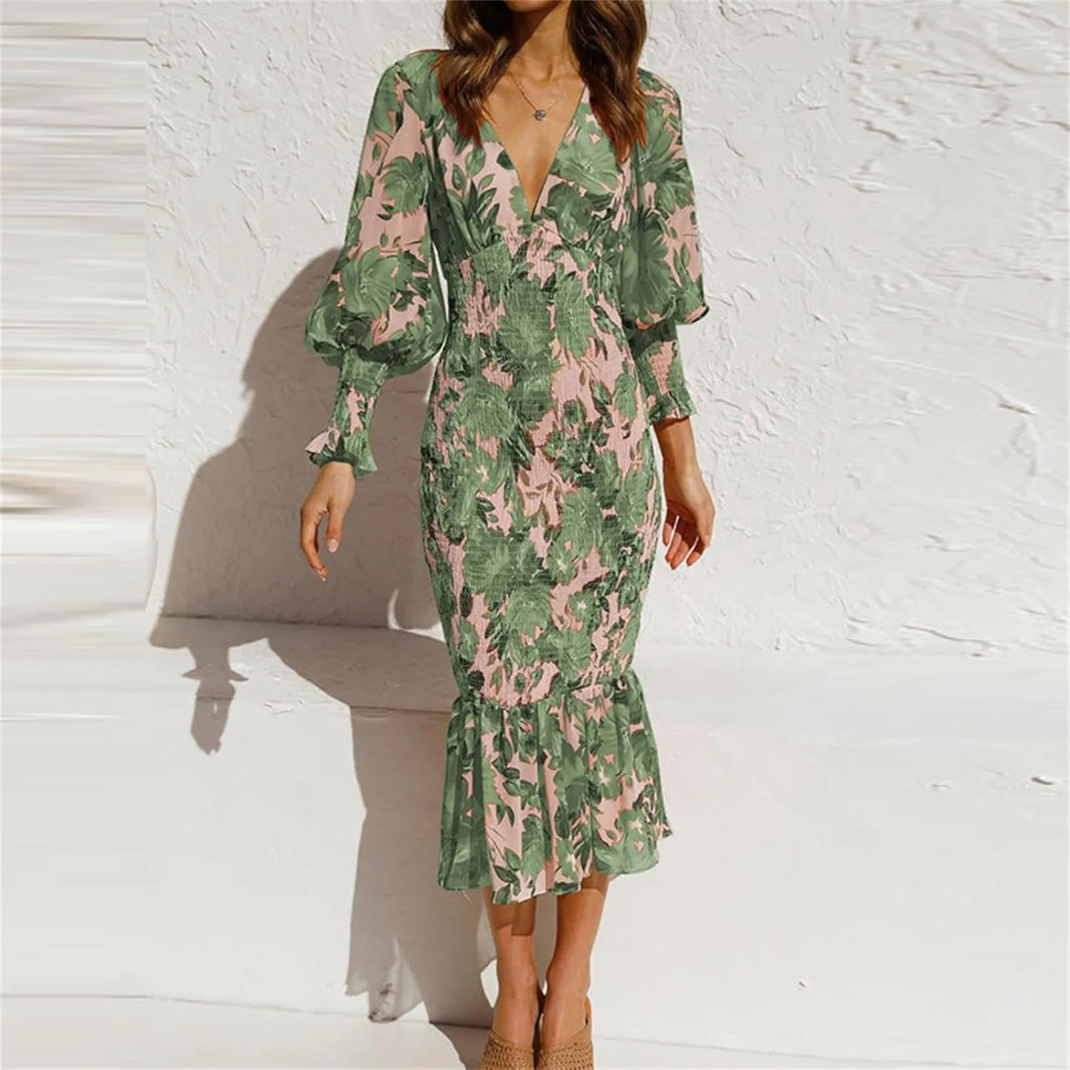 ZWRXW Womens Bodycon Dresses Floral Print Deep V Neck Sexy Wrap Puff Long Sleeve Ruffle Hem Fall Elegant Maxi Dress