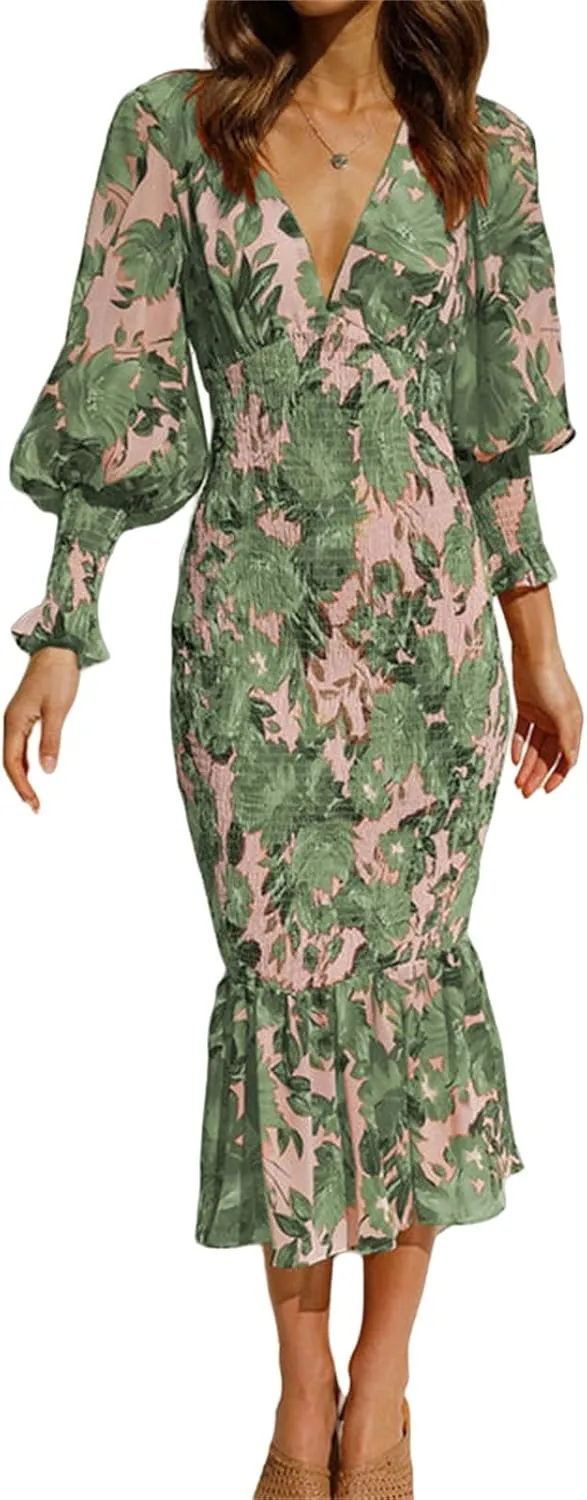 ZWRXW Womens Bodycon Dresses Floral Print Deep V Neck Sexy Wrap Puff Long Sleeve Ruffle Hem Fall Elegant Maxi Dress
