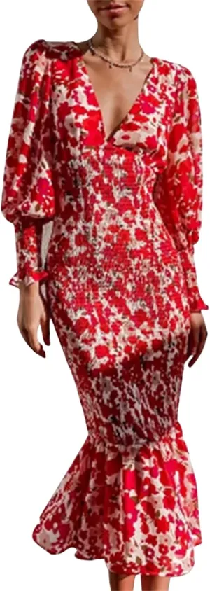 ZWRXW Womens Bodycon Dresses Floral Print Deep V Neck Sexy Wrap Puff Long Sleeve Ruffle Hem Fall Elegant Maxi Dress