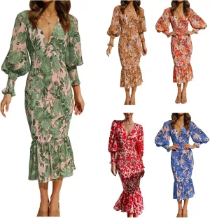 ZWRXW Womens Bodycon Dresses Floral Print Deep V Neck Sexy Wrap Puff Long Sleeve Ruffle Hem Fall Elegant Maxi Dress